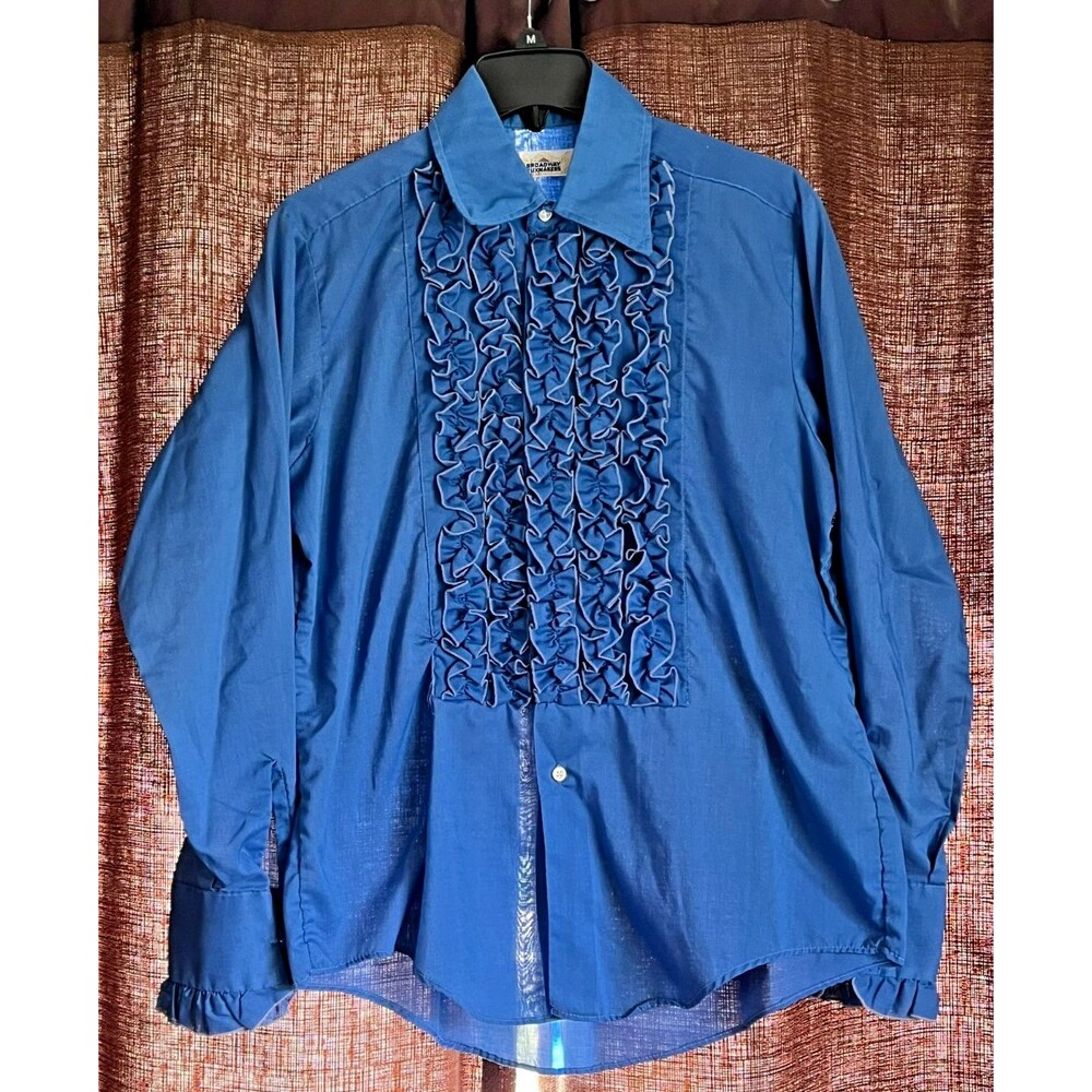 Vintage 70s Blue Ruffle Tuxedo Shirt Retro Disco Glam Prom Costume 1970s